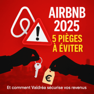 Louer sur Airbnb en 2025: illustration des pièges à éviter avec logo Airbnb, panneau danger et clé symbolisant la location.