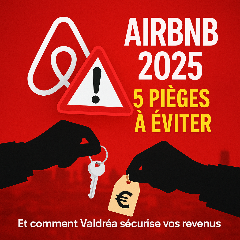 Louer sur Airbnb en 2025: illustration des pièges à éviter avec logo Airbnb, panneau danger et clé symbolisant la location.