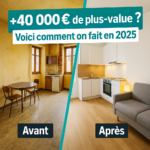 Comparatif visuel avant/après rénovation d’un studio en ville, montrant le potentiel de plus-value immobilière