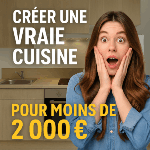 Jeune femme émerveillée devant une cuisine moderne de 240 cm équipée pour moins de 2 000 euros