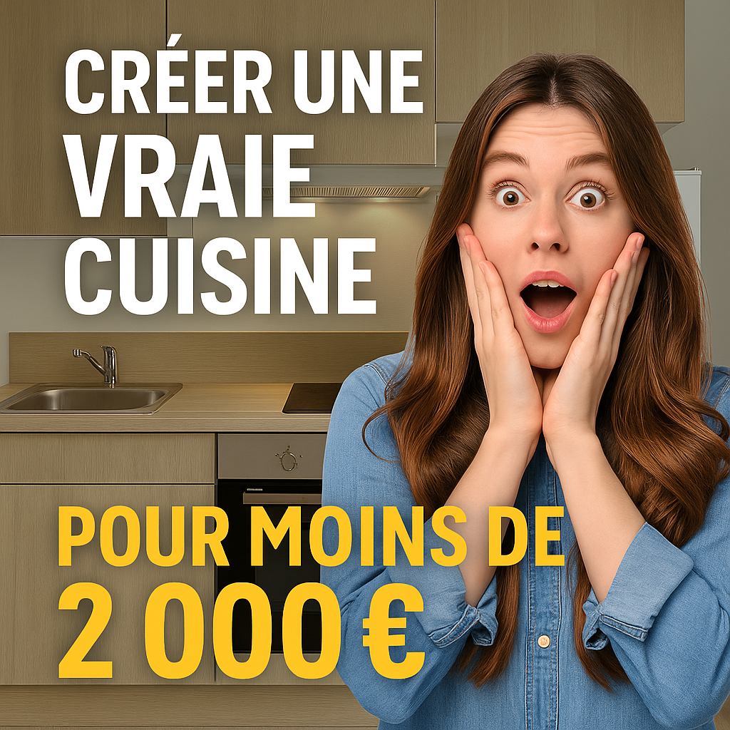 Jeune femme émerveillée devant une cuisine moderne de 240 cm équipée pour moins de 2 000 euros