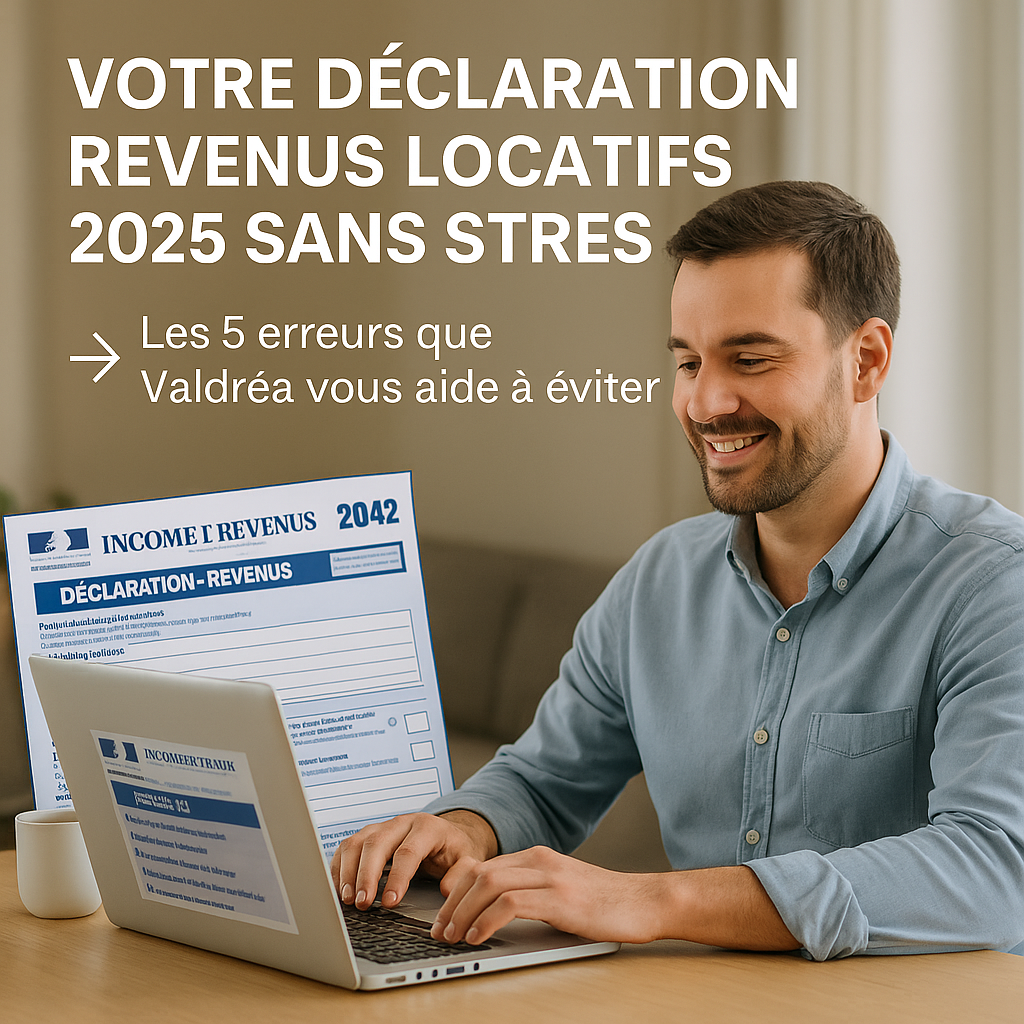 Un investisseur détendu remplit sa déclaration revenus locatifs 2025 en ligne avec l'aide de Valdréa, formulaire fiscal visible sur l'écran.