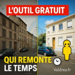 Illustration carrée montrant une rue divisée entre deux époques avec l’inscription “L’outil gratuit qui remonte le temps”, pour illustrer un article sur Google Street View historique pour l'immobilier.