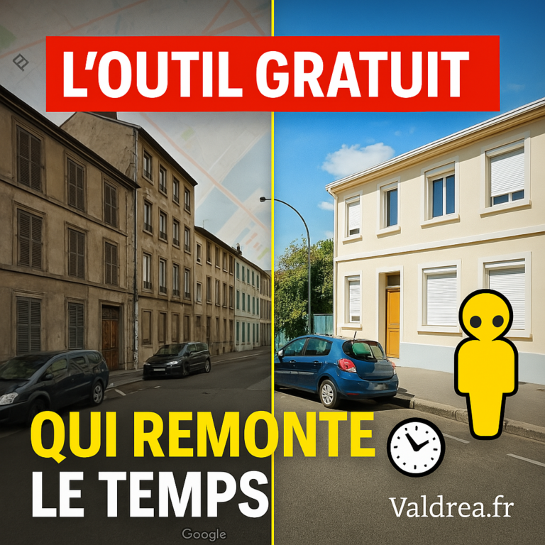 Google Street View historique pour l'immobilier : le superpouvoir gratuit que personne n'utilise 1 Illustration carrée montrant une rue divisée entre deux époques avec l’inscription “L’outil gratuit qui remonte le temps”, pour illustrer un article sur Google Street View historique pour l'immobilier.
