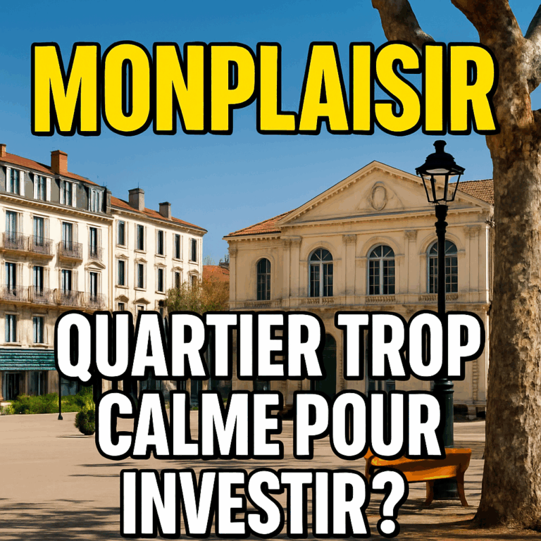 Place emblématique de Monplaisir à Lyon avec immeubles anciens et texte “Monplaisir : Quartier trop calme pour investir ?”