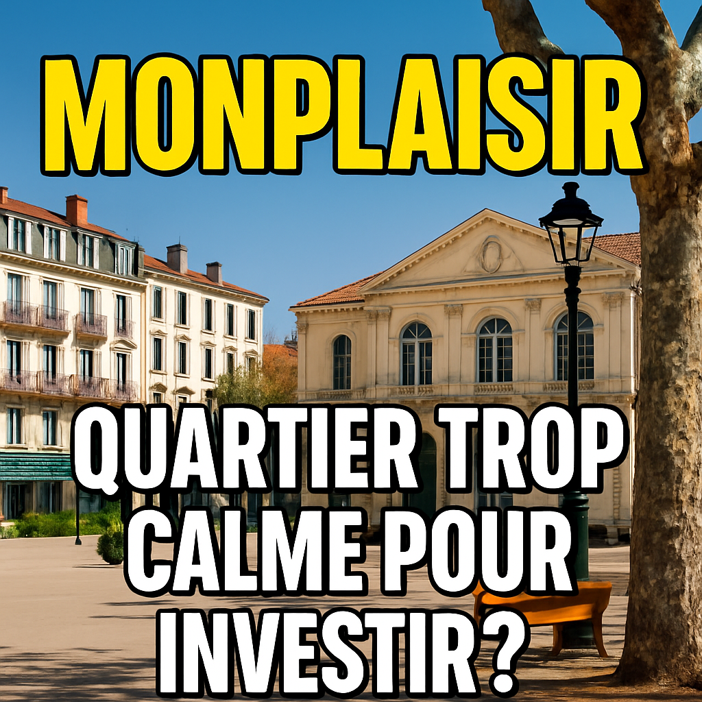 Place emblématique de Monplaisir à Lyon avec immeubles anciens et texte “Monplaisir : Quartier trop calme pour investir ?”