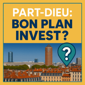 Visuel coloré du quartier Part-Dieu à Lyon avec texte “Part-Dieu : Quartier trop cher ?” en style accrocheur