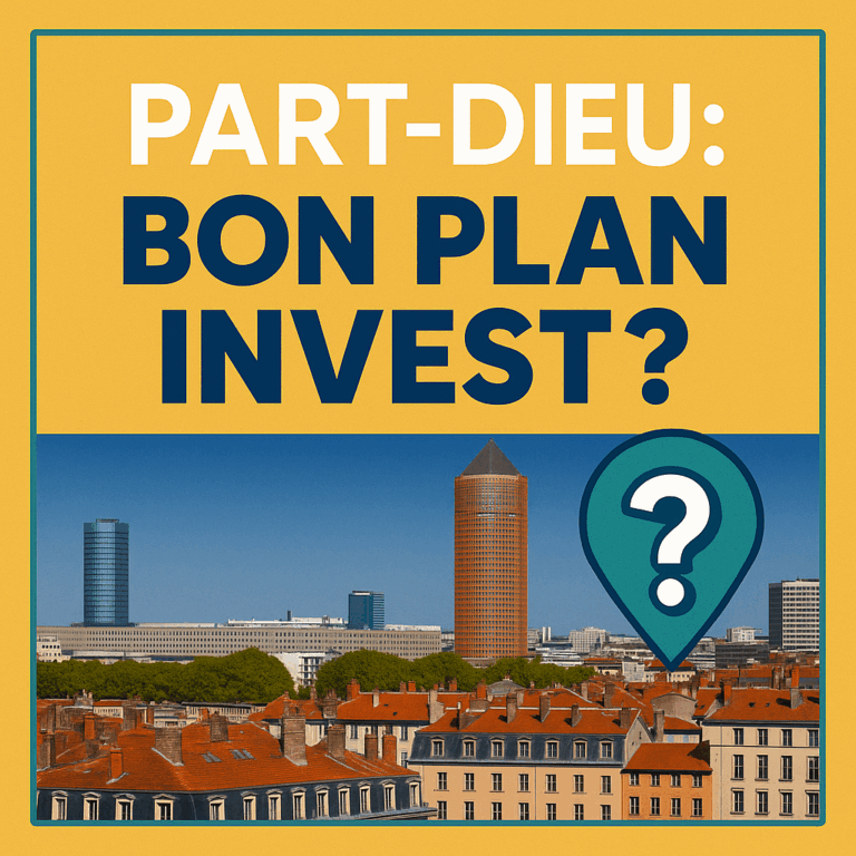 Visuel coloré du quartier Part-Dieu à Lyon avec texte “Part-Dieu : Quartier trop cher ?” en style accrocheur
