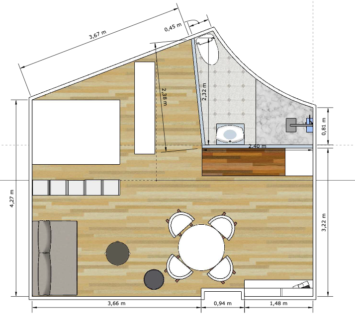 Créer une vraie cuisine pour moins de 2 000 € ? Une cuisine studio 240cm 3 Cuisine studio 240cm Plan du studio rénové avec implantation prévue de la cuisine sur 240 cm