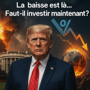 Taux immobilier avril Donald Trump devant la Maison Blanche avec une flèche de taux en baisse et un monde en feu, illustrant la chute des taux immobiliers en avril 2025.