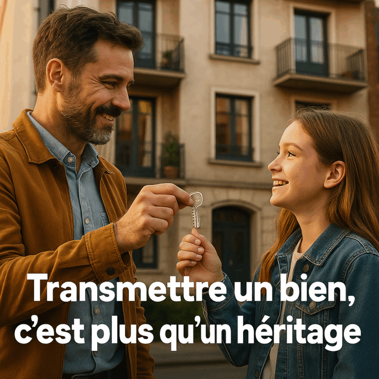 Transmission patrimoine immobilier : 5 stratégies concrètes pour protéger vos proches 1 Un père transmet symboliquement une clé à sa fille devant un immeuble, illustrant la transmission patrimoine immobilier.