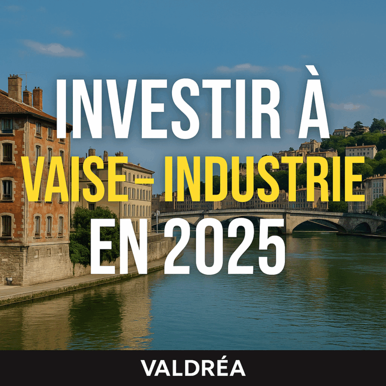 Vue sur la Saône et immeubles anciens du quartier Vaise – Industrie à Lyon, avec texte : Investir à Vaise – Industrie en 2025.