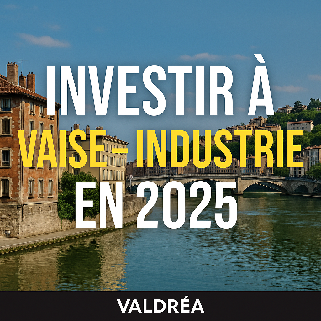 Vue sur la Saône et immeubles anciens du quartier Vaise – Industrie à Lyon, avec texte : Investir à Vaise – Industrie en 2025.