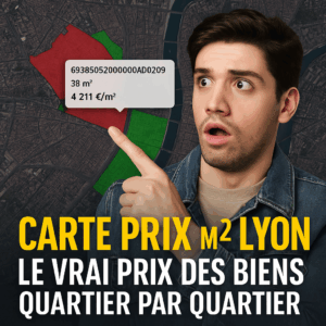 Carte prix m2 Lyon : l’outil gratuit pour révéler les vrais prix parcelle par parcelle 3 Capture d’écran stylisée montrant la carte prix m2 Lyon avec surbrillance sur une parcelle à bas prix