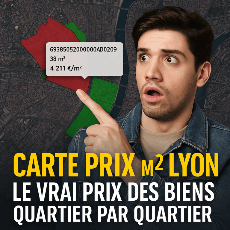 Carte prix m2 Lyon : l’outil gratuit pour révéler les vrais prix parcelle par parcelle 1 Capture d’écran stylisée montrant la carte prix m2 Lyon avec surbrillance sur une parcelle à bas prix