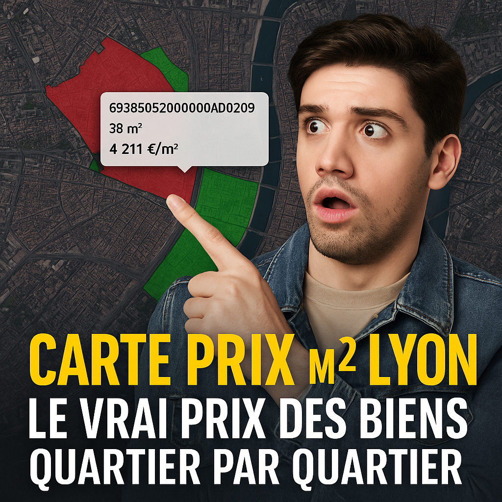 Capture d’écran stylisée montrant la carte prix m2 Lyon avec surbrillance sur une parcelle à bas prix