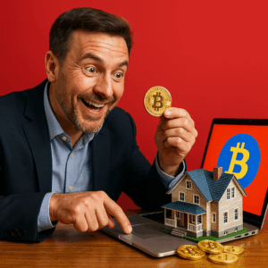 Illustration réaliste d'un investisseur utilisant des cryptomonnaies pour acheter de l'immobilier,