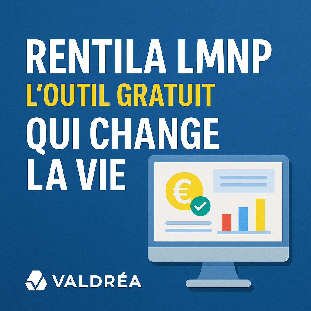 Visuel de l’outil Rentila avec graphique, ordinateur et texte : Rentila LMNP, l’outil gratuit qui change la vie des investisseurs.