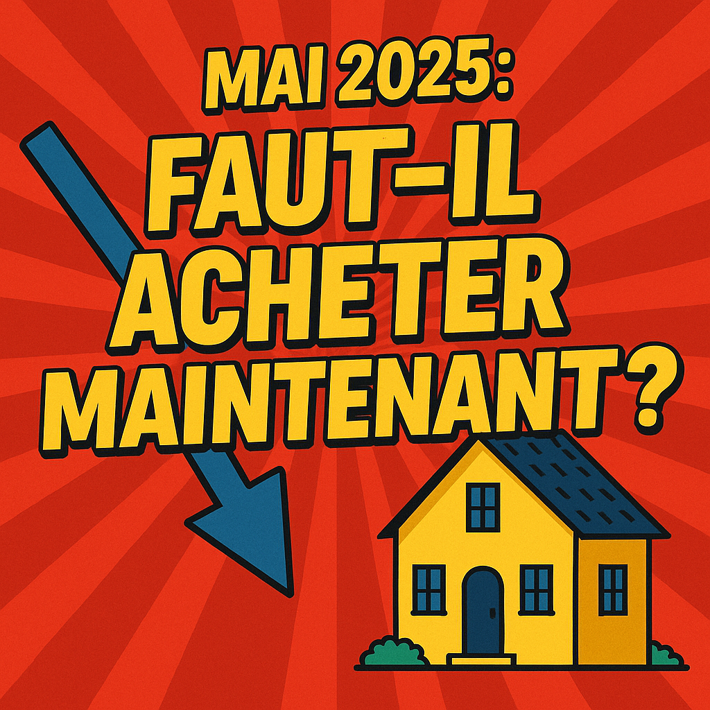 Taux immobilier mai 2025 : faut-il acheter maintenant ? Image Valdréa avec flèche et maison
