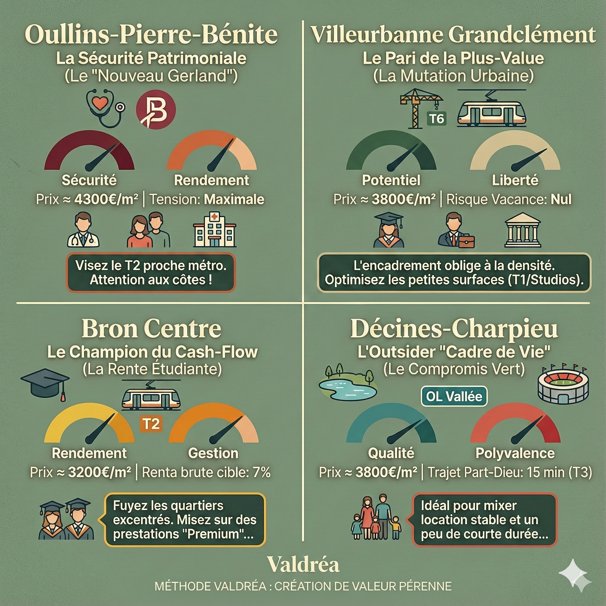 Investir autour de Lyon. Ouillins-Pierre-Benite, VS Villeurbanne, VS BRon, VS Décines-Chapieu