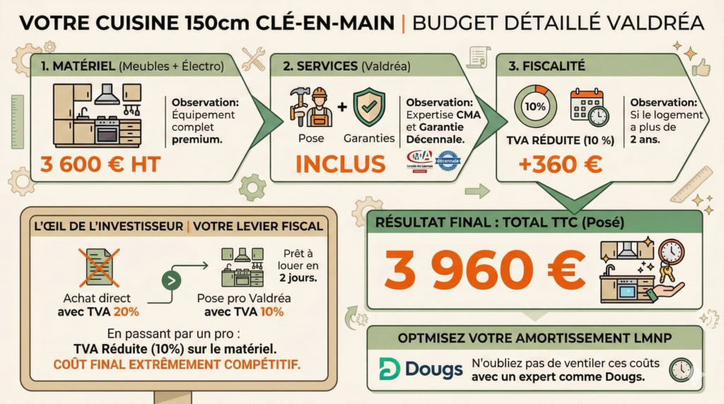 Infographie du budget pour une cusine de 1.5m à Lyon posé, installée et garantie avec décénale.