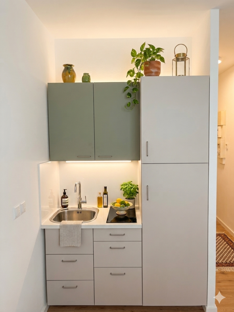 Cuisine de 1.5m de long optimisée créer à Lyon. Rénovation Valdréa.