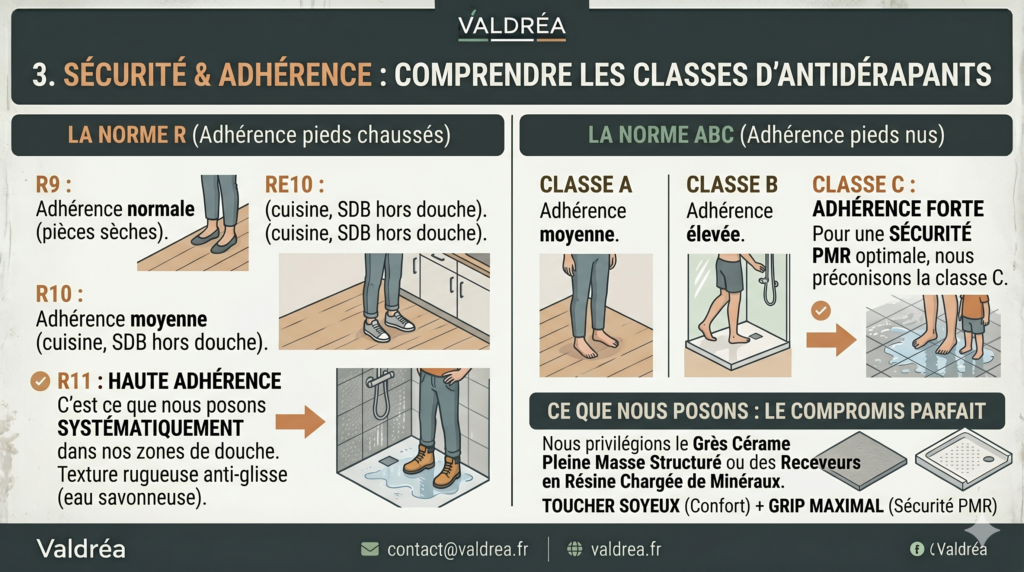 Infographie des normes d'adhérence R11 et ABC pour salle de bain PMR à Lyon. Solutions Valdréa en grès cérame et résine.