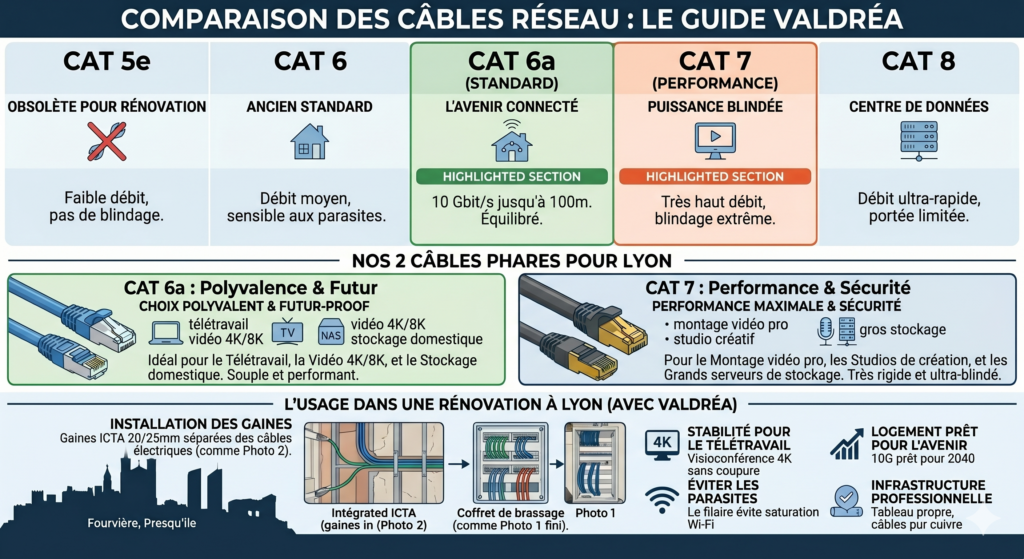 Infographie comparative des câbles Ethernet (Cat 6a, Cat 7, Cat 8) pour une rénovation réseau Lyon. Guide Valdréa sur le choix du câblage RJ45, blindage S/FTP et installation de coffret de brassage pour le télétravail.