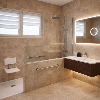Rénovation salle de bain PMR à Lyon par Valdréa : douche à l'italienne en travertin, siège de douche ergonomique et barres de maintien design.