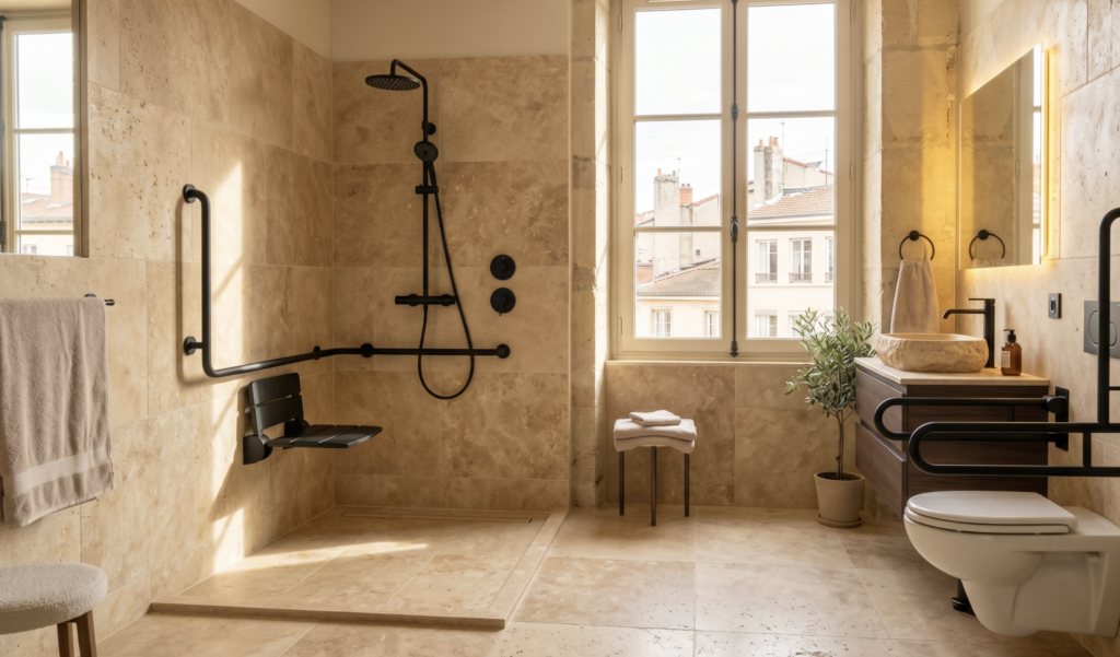 Rénovation complète d'une salle de bain PMR à Lyon 6 : douche italienne en travertin, robinetterie noire et équipements d'accessibilité invisibles.