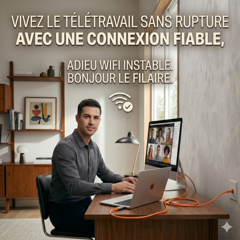Homme en visioconférence dans un bureau au style mid-century à Lyon, utilisant une connexion filaire stable avec un câble ethernet orange Cat 7. Solution de rénovation réseau Lyon par Valdréa pour éviter les coupures Wi-Fi.