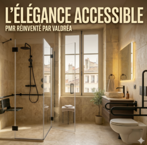 Couverture Valdréa : Concept d'élégance accessible pour salle de bain PMR à Lyon avec parois vitrées, travertin et finitions noir mat.