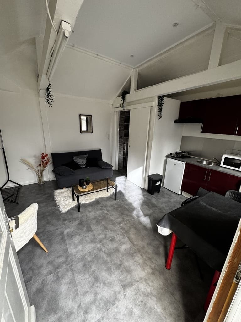 Intérieur sombre de la plus petite maison de Lyon avant rénovation, avec un plafond rabaissé cachant la lumière naturelle.