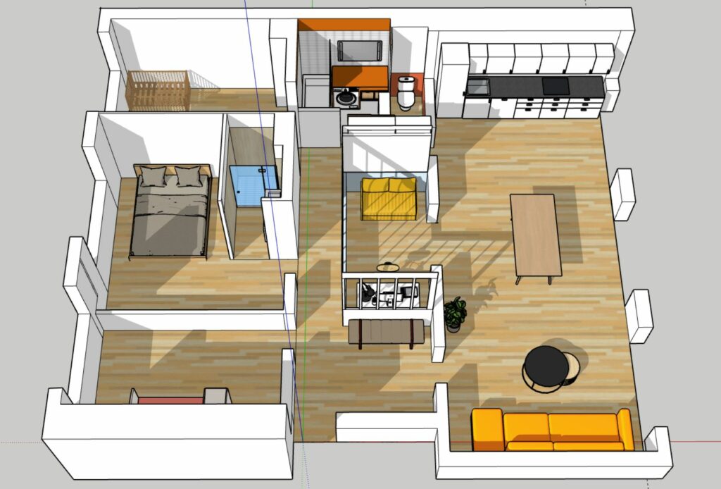 Rénovation & Travaux d’Appartement à Lyon 1 Plan 3D d'un appartement rénové par Valdréa