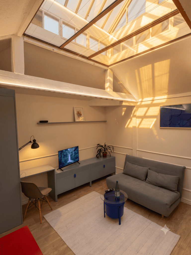 Vue du salon de la plus petite maison de Lyon (17m², Lyon 3) sous son lanternon Saint-Gobain restauré, inondé de lumière naturelle.