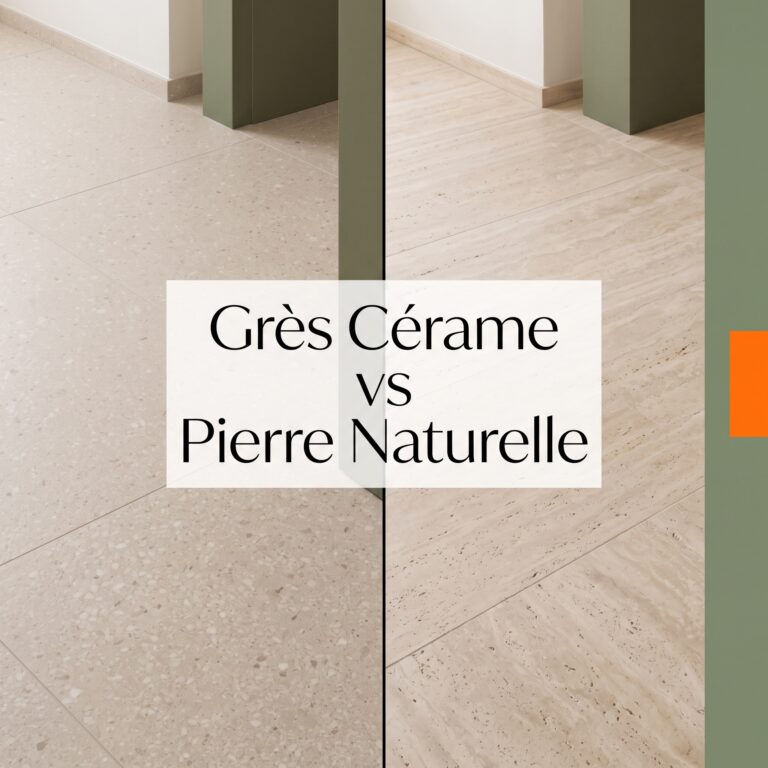 Grès cérame vs Pierre naturelle : Le choix décisif pour votre rénovation à Lyon 1 Comparatif esthétique de revêtements de sol pour rénovation à Lyon : grès cérame contemporain à gauche et pierre naturelle en travertin à droite.