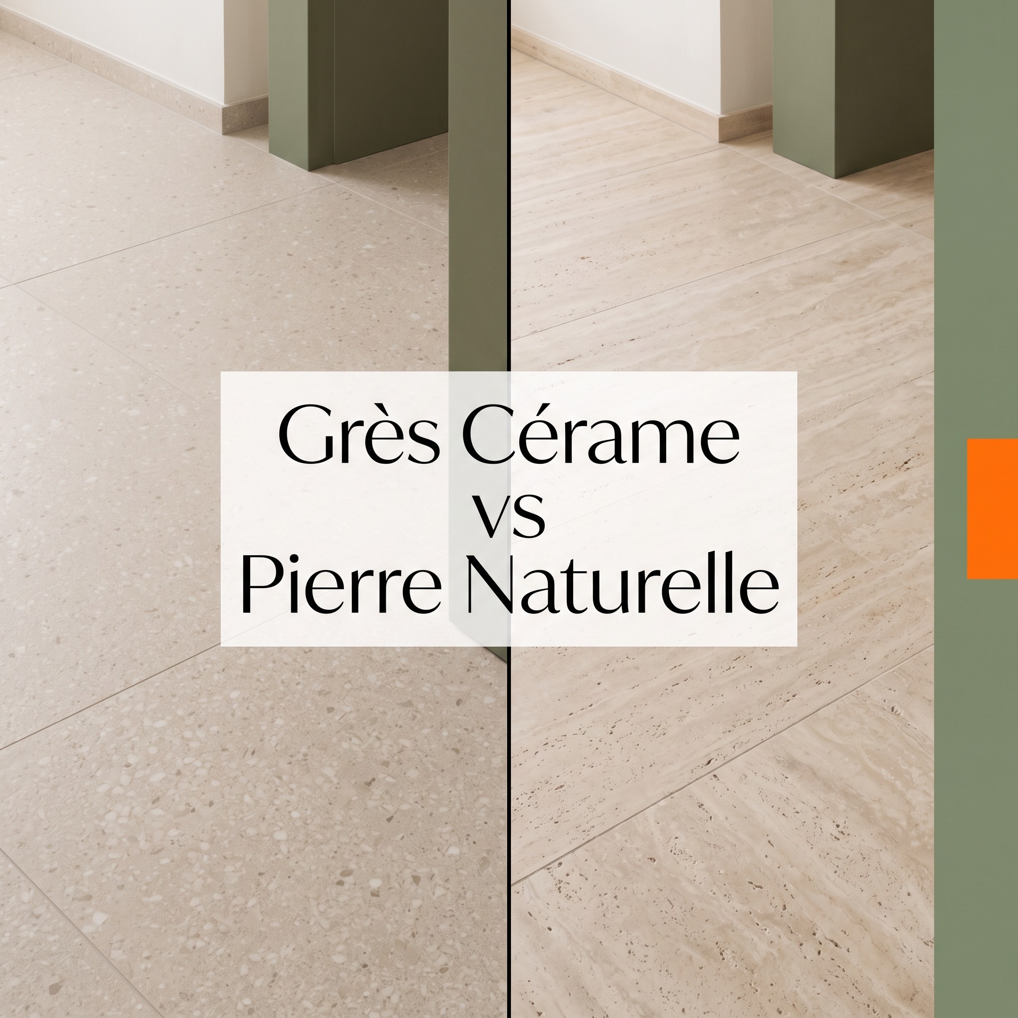 Comparatif esthétique de revêtements de sol pour rénovation à Lyon : grès cérame contemporain à gauche et pierre naturelle en travertin à droite.