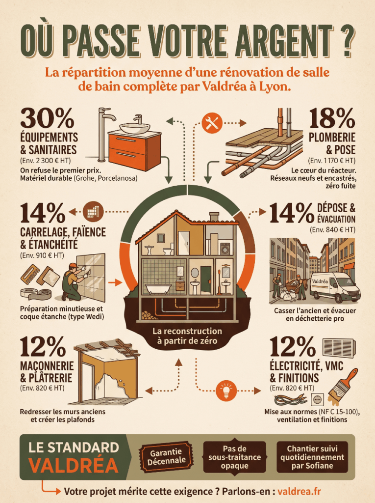 Quel est le prix d'une rénovation de salle de bain à Lyon ? 2 Infographie détaillée de la répartition des coûts et prix pour une rénovation complète de salle de bain à Lyon, par les artisans Valdréa.