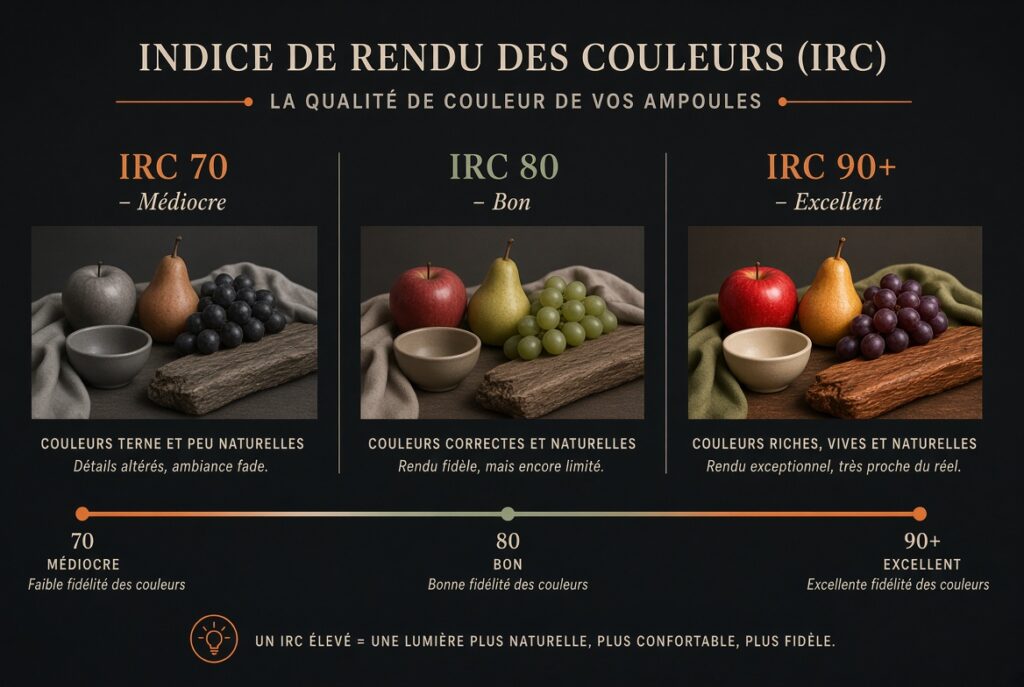 Comparaison IRC ampoule : rendu des couleurs médiocre, bon et excellent (IRC 70, 80 et 90+)