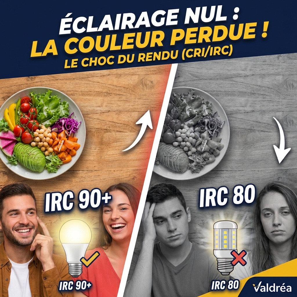 Comparatif visuel d'un éclairage de rénovation à Lyon : impact de l'indice de rendu des couleurs (IRC 90+ vs IRC 80) sur les matériaux et les teintes.