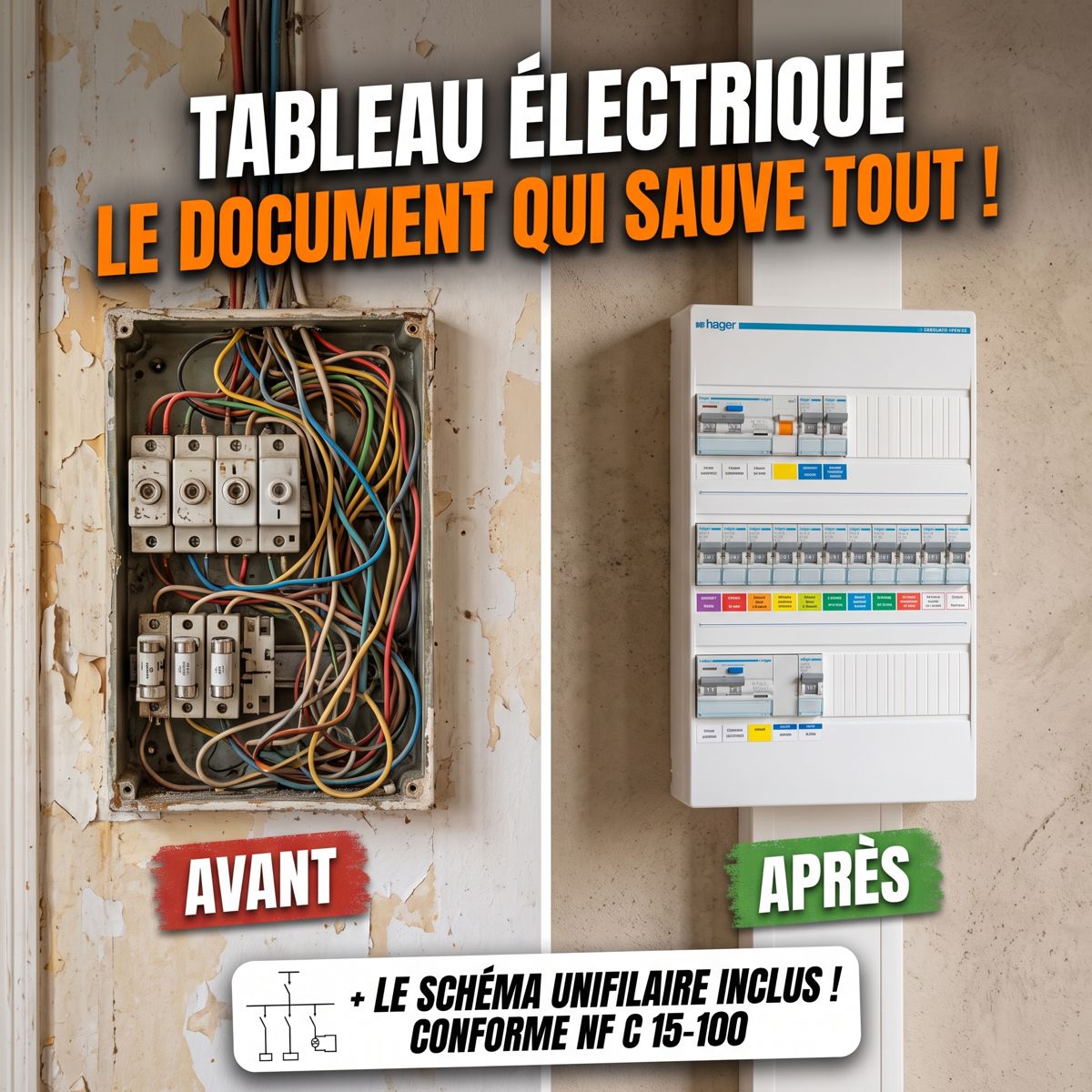 Tableau électrique rénové à Lyon avec schéma unifilaire