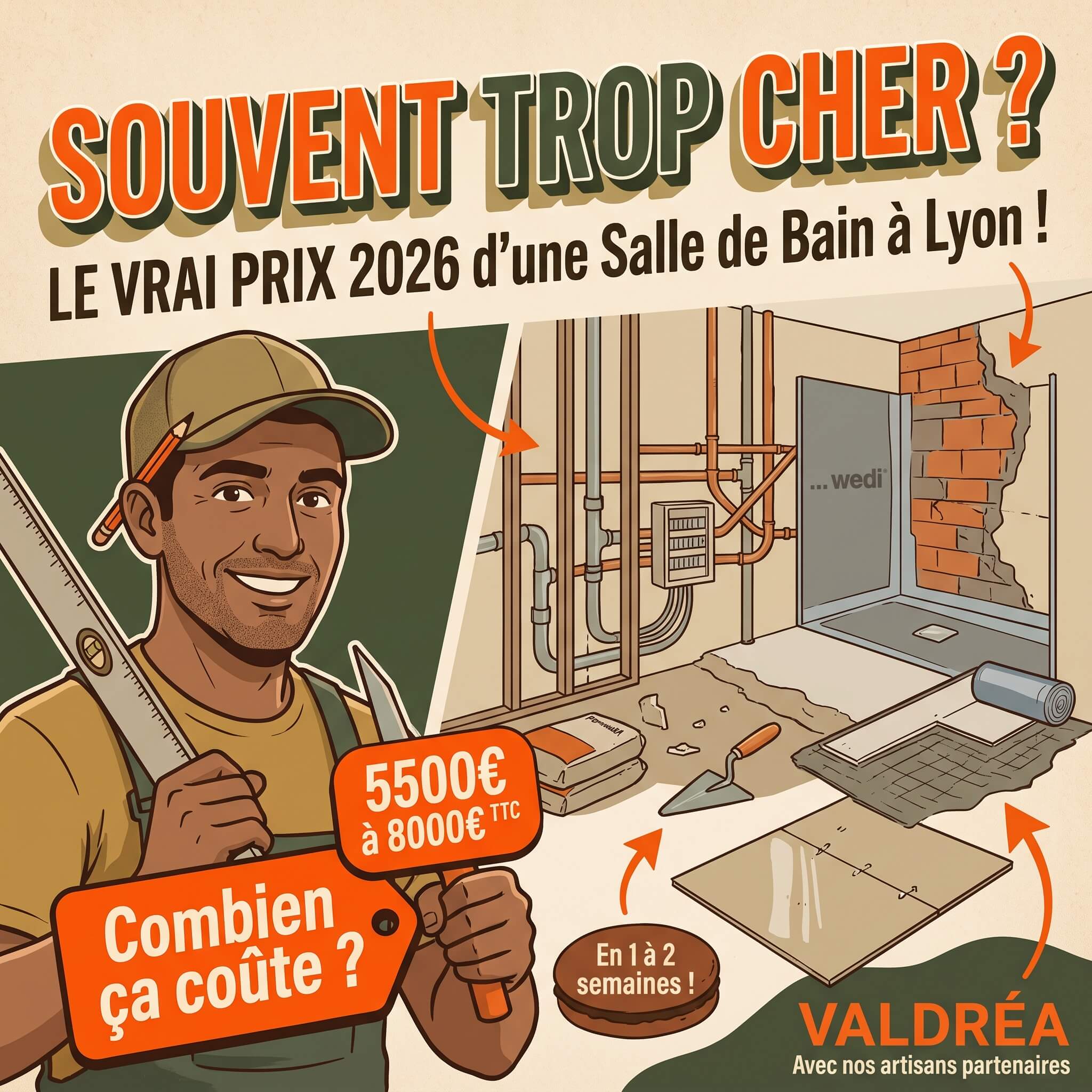 Quel est le prix d'une rénovation de salle de bain à Lyon ? 1 Miniature illustrant un artisan Valdréa et le vrai prix 2026 pour une rénovation complète de salle de bain à Lyon (de 5500€ à 8000€ TTC).